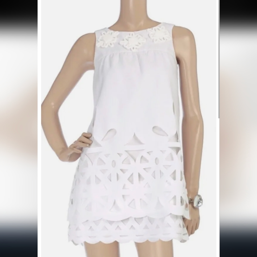 KARTA White Embellished Laser Cut Mini Dress With Tie Back!